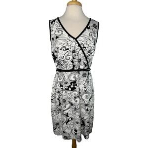 TALBOTS Tropical Floral Faux Wrap Belted Jersey Knit Dress Size 12 Black White